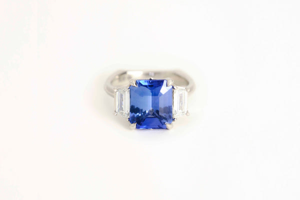 Octagonal Sapphire & Trapezoid Diamond Ring