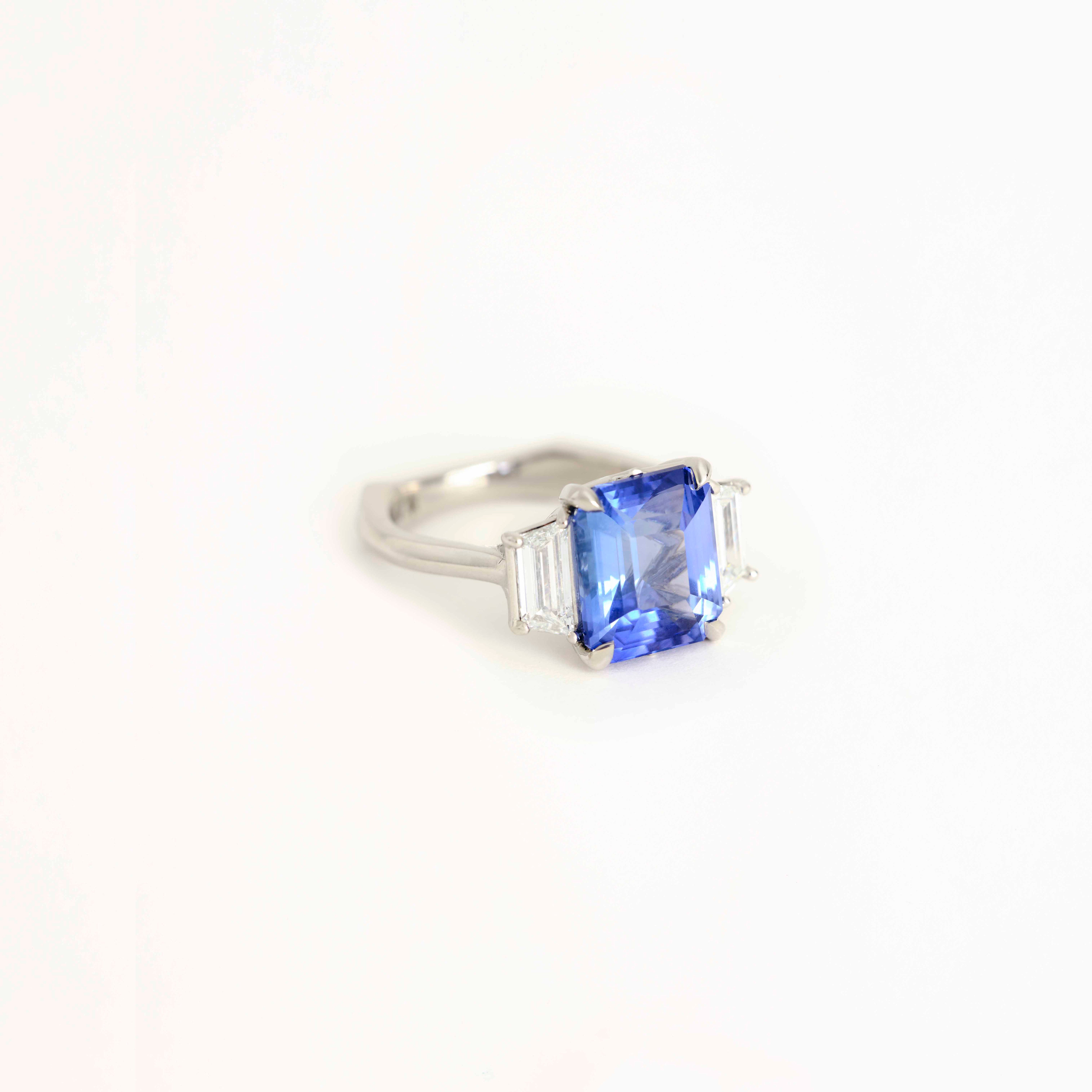 Octagonal Sapphire & Trapezoid Diamond Ring