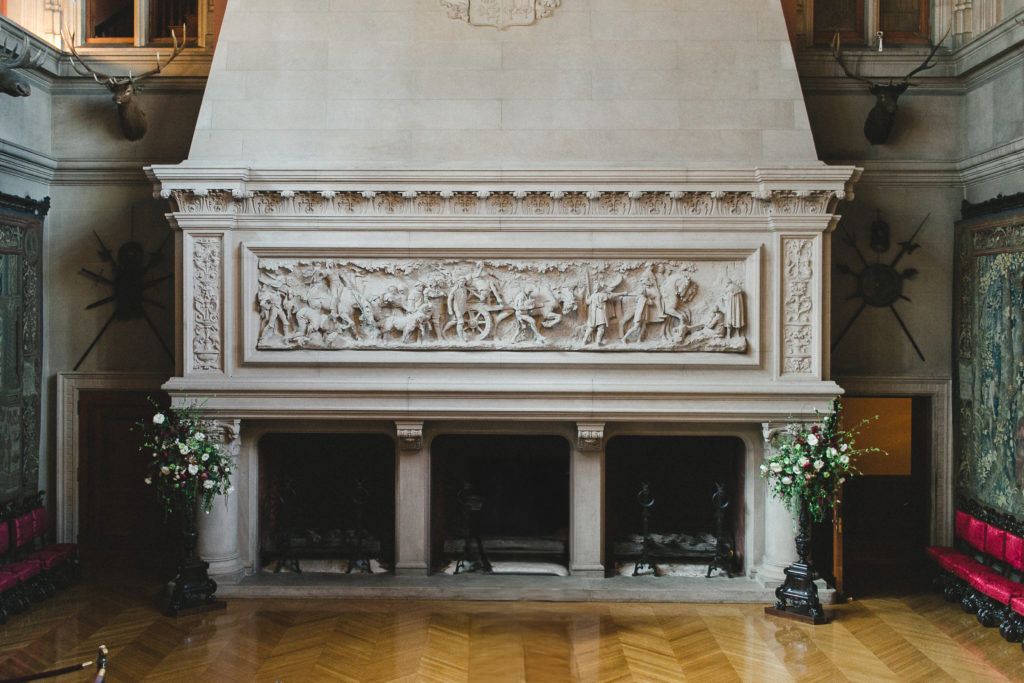 An intricately-carved fireplace at Biltmore Estate